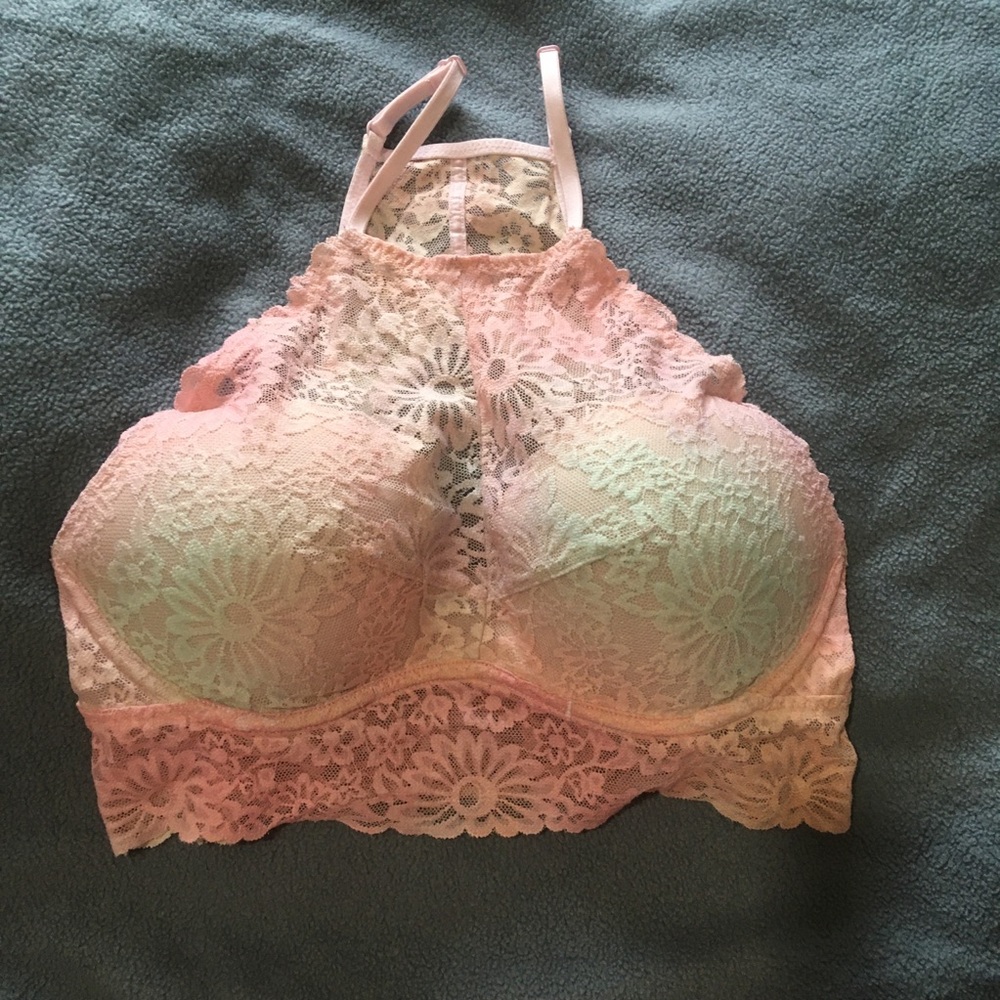 PINK Halter Pink & Aqua Underwire Lace Halter Strap Bralette Size Small